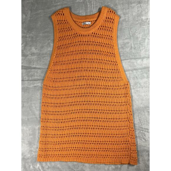 Zara Sweaters - ZARA Sleeveless Size L Crew Neck Open Knit Orange Sweater Vest Autumnal Layering